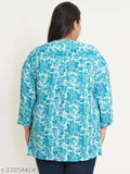 Turquoise blue and white abstract printed viscose rayon plus size top with mandarin collar, three-quarter sleeves, side slit, and button closure. Indian women's fashion." (124 characters)