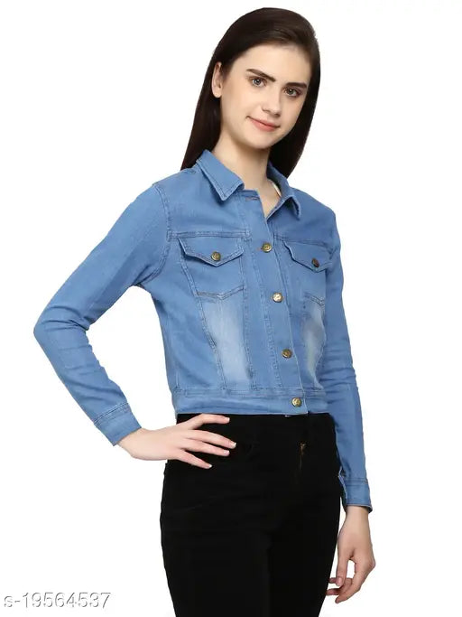 Denim waistcoat for trendy fashionista women, solid net pattern and long sleeves