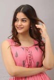 Rayon sleeveless printed pink kurti, vibrant Indian fashion on model