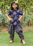 Nanci Blue Boota Printed Ethnic Rayon Kurti Palazzo Set for Baby Girl - Self-design, three-quarter sleeves, calf length. High-quality finishing, various sizes available