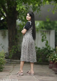 FloraPuff Elegance Viscose Rayon Dress - Floral printed knee-length two piece with puffed black sleeves and lace detailing, perfect for casual outings or daytime events