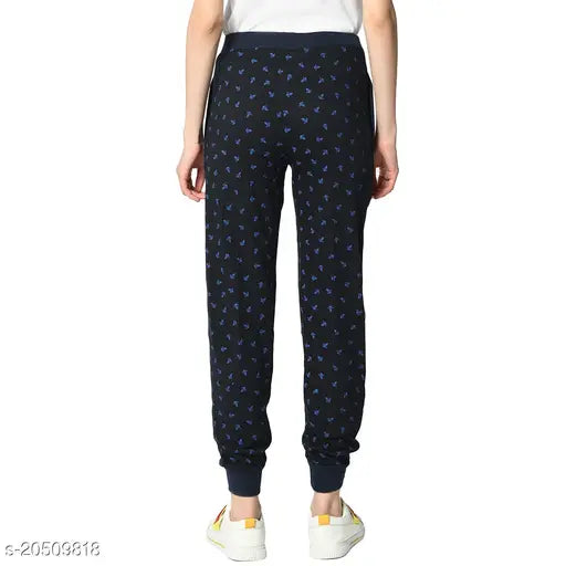 Women's straight fit blue trousers with printed pattern