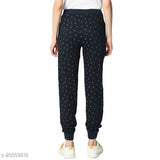 Women's straight fit blue trousers with printed pattern