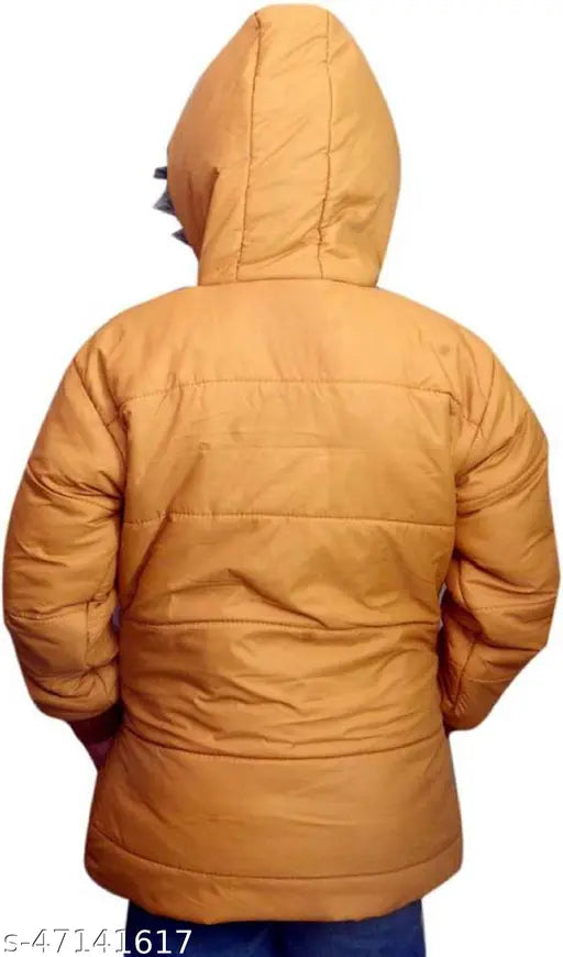 Tan padded jacket with hood, long zip closure