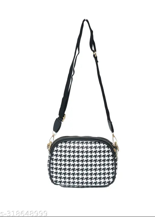 Black and white houndstooth pattern casual sling bag with adjustable shoulder strap