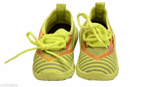 Indian brand kids sports shoes in lime and yellow with black sole