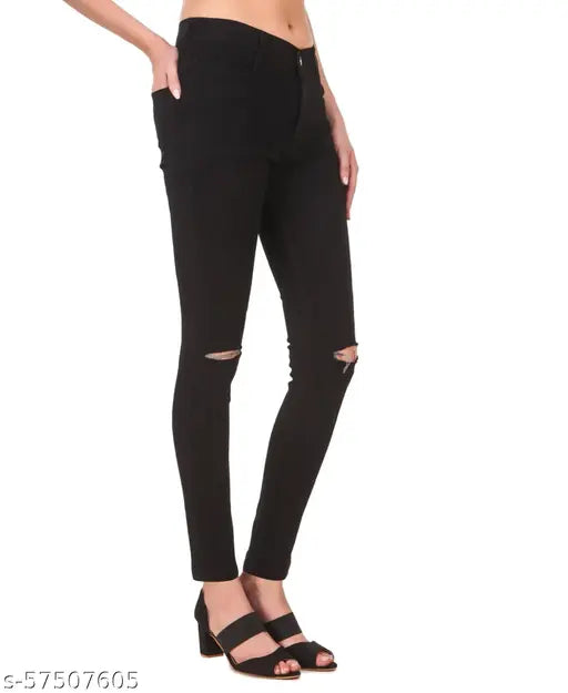 Premium quality women's black denim jeans with printed net detail, knee-cut style. Made in India (Size 28/28in, Size 30/30in, Size 32/32in, Size 34/34in, Size 36/36in)