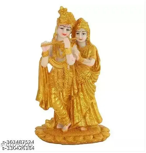 Multicolor resin Radha Krishna showpiece statue, gold plated God of Love - home decor item, ideal for living room, gifts for family & friends, corporate gifts for employees. Dimensions: 11cm L x 19cm H x 11cm B. Made in India
