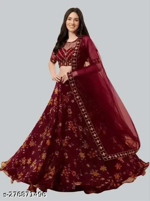 Embroidered net lehenga set with floral dupatta, semi-stitched (waist 40m, length 42m), Indian origin