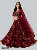 Embroidered net lehenga set with floral dupatta, semi-stitched (waist 40m, length 42m), Indian origin