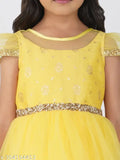 Yellow net party gown for girls, embellished balloon pattern, short sleeves, full length, 1-2 years size