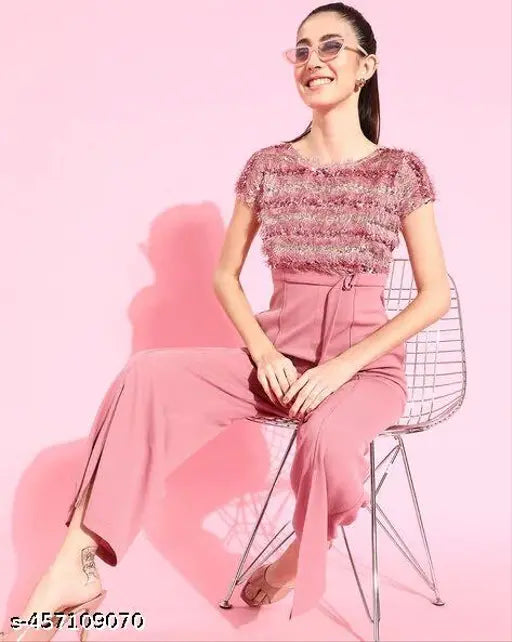 Pink Lycra embellished net jumpsuit on model, sizes XS-XL
