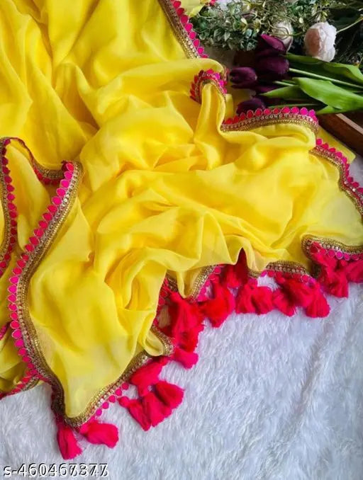 Lemon yellow Georgette saree for special occasions, crafted from high-quality Indian georgette fabric