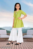 Classic cotton silk anarkali kurta set with sharara bottom, embellished & short sleeves, various sizes from 5-12 years, Indian origin