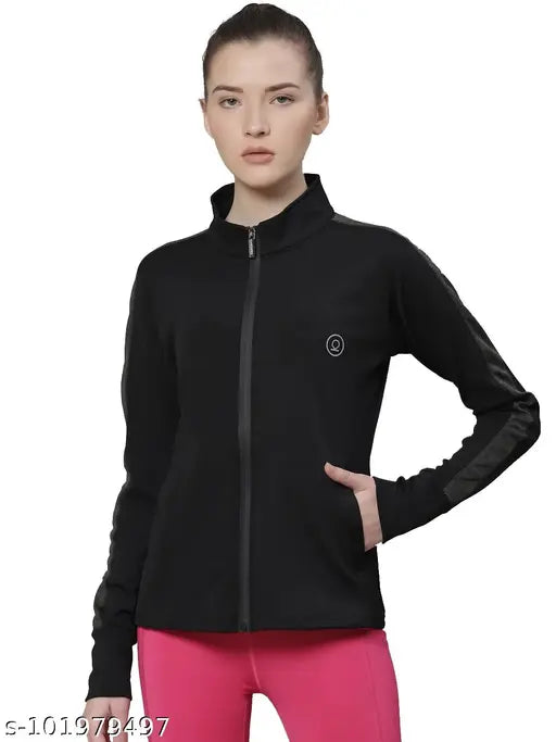 Olive polyester solid Chkokko women's jacket, durable gym wear with anti-microbial tech, long sleeves & thumbholes