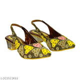 Multicolor synthetic decorative gold heel belly sandals, embellished backstrap, stylish and comfortable for women, India origin