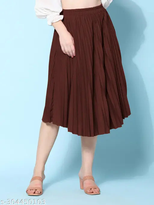 Long, brown pleated skirt with ruffled hem for women