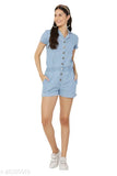 Blue solid denim half jumpsuit by Avyanna, three-quarter sleeves, versatile sizing (S, M, L), Indian craftsmanship