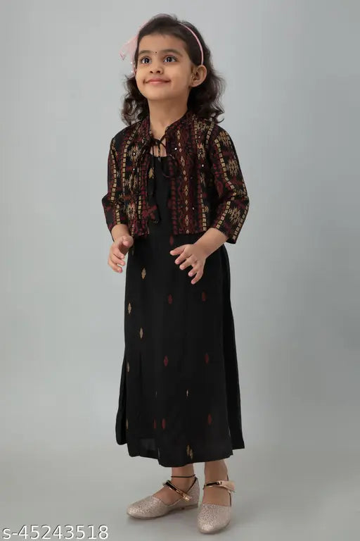 Black printed Anarkali kurti & geometric jacket for girls aged 7-14, rayon material with three-quarter sleeves