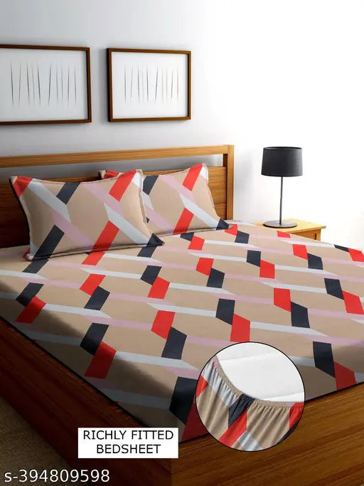 Black dout brown fitted Glace Cotton bedsheets (checked), 2 pillow covers included for adult use, ideal for summer season in India, size Double Queen