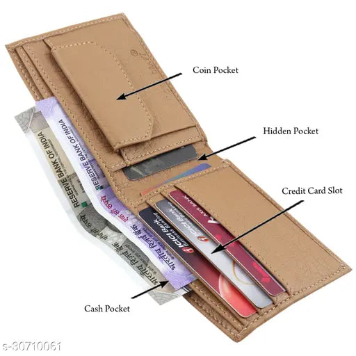 Trendy beige PU Bi-fold men's wallet, solid pattern, 2 compartments, free size (11cm x 7cm), perfect for daily use & formal/casual trousers, India-crafted wallet with coin pocket & 2 currency sections