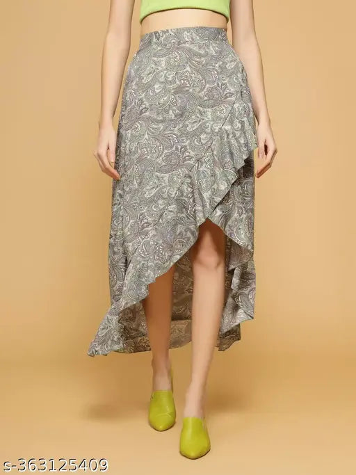 Grey crepe A-line skirt with floral print, high low wrap style, elastic waist. OOMPH Women's design, made in India