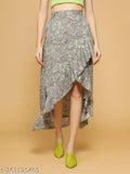 Grey crepe A-line skirt with floral print, high low wrap style, elastic waist. OOMPH Women's design, made in India