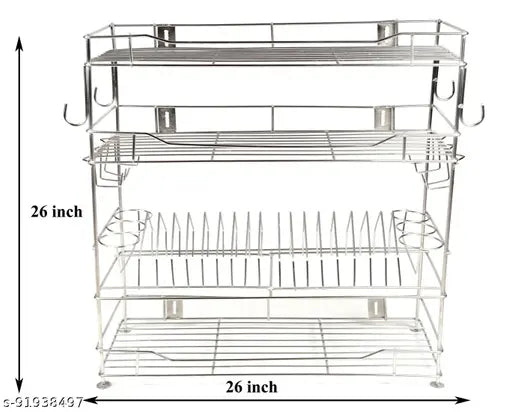 Silver metal wall mounted Gehwara utensil stand with 2 shelves and black hanging hooks