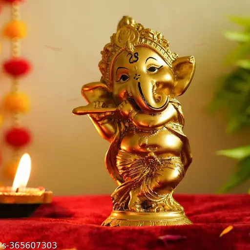 Handcrafted resin Ganesha statue playing bansuri - Indian Diwali home decoration gift, 10cm x 10cm x 10cm