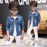 Boy's casual jean jacket with denim wash, snap button front closure, available in youth sizes 8-12