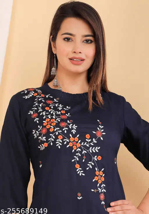 Rayon embroidered kurti, three-quarter sleeves. Lightweight & breathable ethnic wear, home washable. Indian made fashion