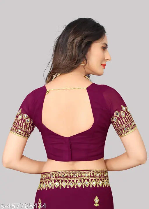 Georgette mirror work Durga Puja Bollywood saree, embellished with multiple blouse pieces, free size (length 5.5m, blouse 0.8m), India origin