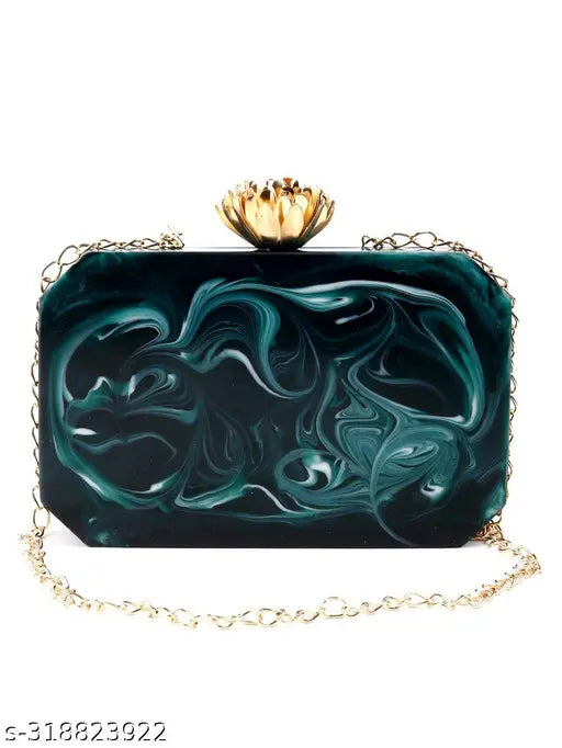 Fashionable women's resin crystal stone clutch, blue and black, gold chain