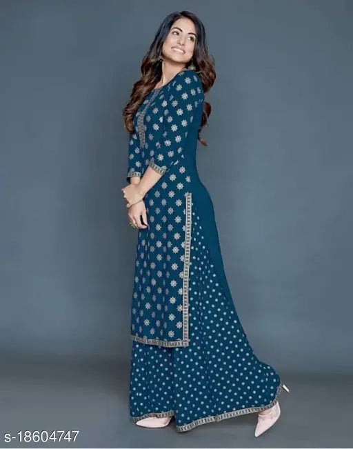 Charvi Sensational Women's Rayon Kurta Set with Palazzos, printed net design, three-quarter sleeves, lightweight and soft for women's fashion, made in India
