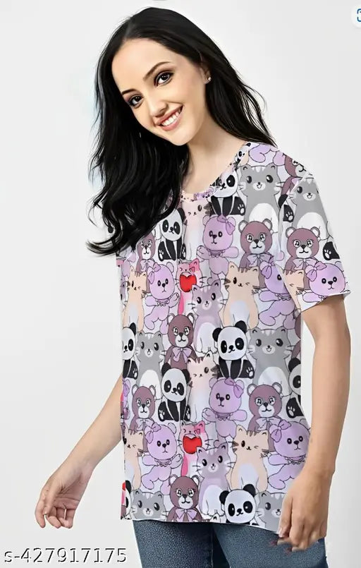 Woman wearing oversized t-shirt with animal print