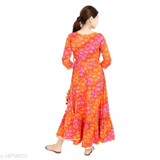 Vibrant rayon kurti with SS Sanganeri print, long sleeves, front side tie-up detail