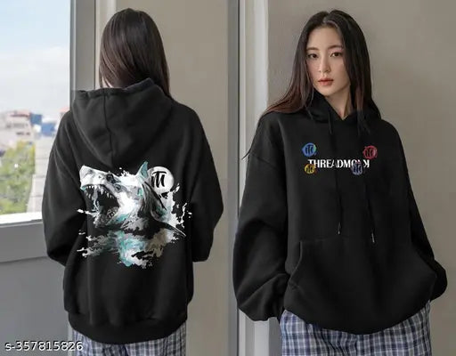Black cotton oversize hoodie with printed design, long sleeves, size S (bust 40in, length 27in), made in India