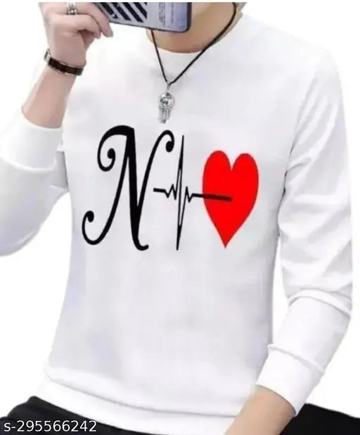 Red polyester long sleeved N Heart t-shirt for men, high quality print on chest
