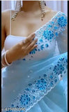 Beautiful silicon fabric floral embroidery work saree and blouse, solid net with multi-thread work, India origin