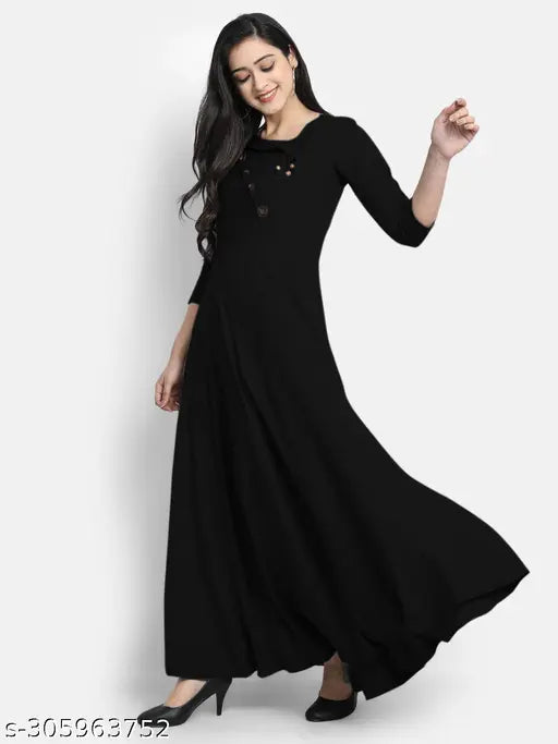 Women's long black rayon flared dress with a V-neck