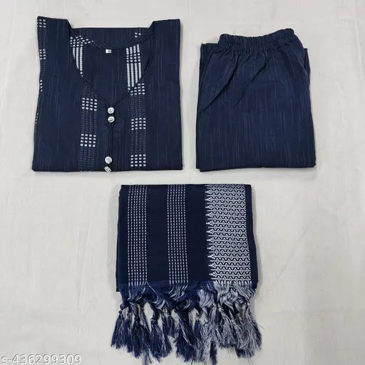 Blue and navy cotton set, includes dupatta, fringe design