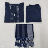 Blue and navy cotton set, includes dupatta, fringe design