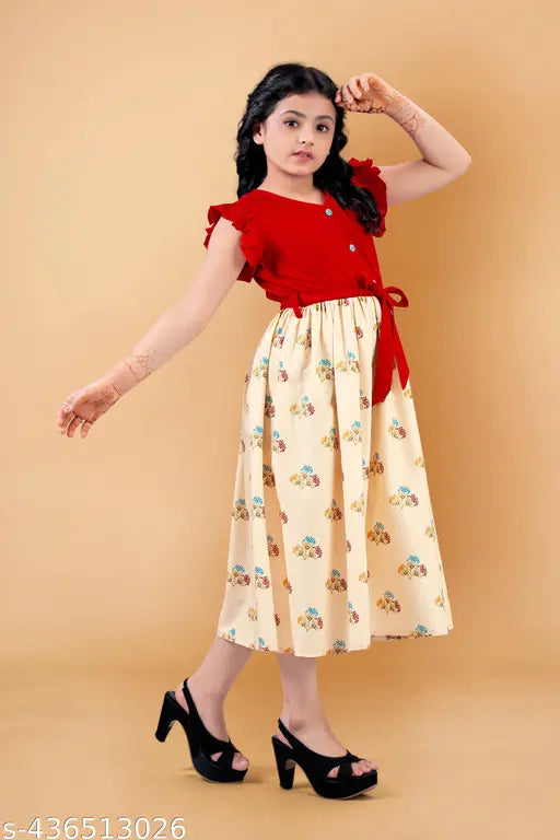 Girl's crepe floral print calf length dress