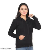Black fleece long-sleeved zipped hoodie for women, solid pattern