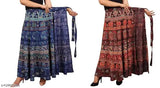 Bule-brown cotton Sanganeri Jaipuri print long wrap skirt (2combopack), vibrant Indian fashion for women's parties