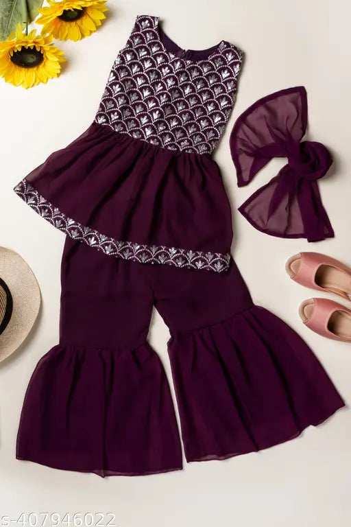 Embroidered Georgette girls ethnic kurta set, sleeveless anarkali with palazzos, Indian embroidery work, size 2-3 years