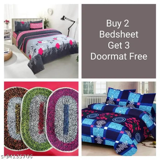 Oval-shaped home doormats, free with double bedsheet set. Includes 3 doormats and 2 double bedsheets in 4 colors, 888 x 888 size, 16 pillow covers