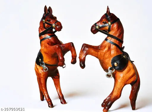 Brown wooden jumping horse set, premium decorative showpiece with metal accents, Indian handicraft