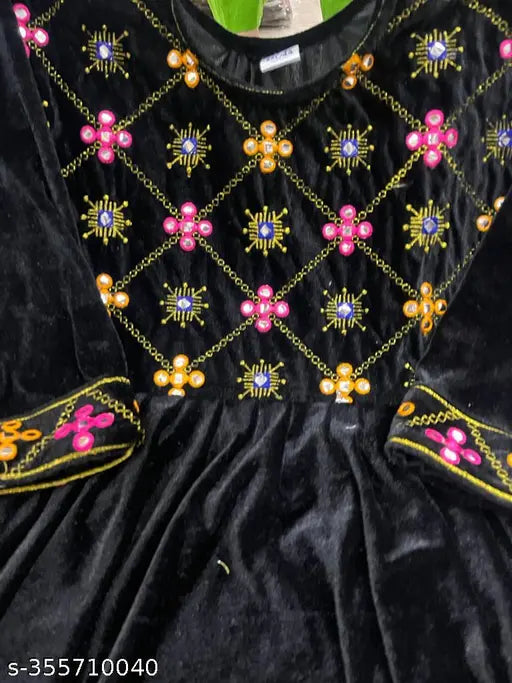 Black velvet embroidered anarkali kurti set, includes matching black pants