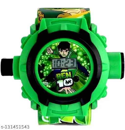 Bright green wristwatch with a projector watch face showing Ben Ten and a cartoonish display